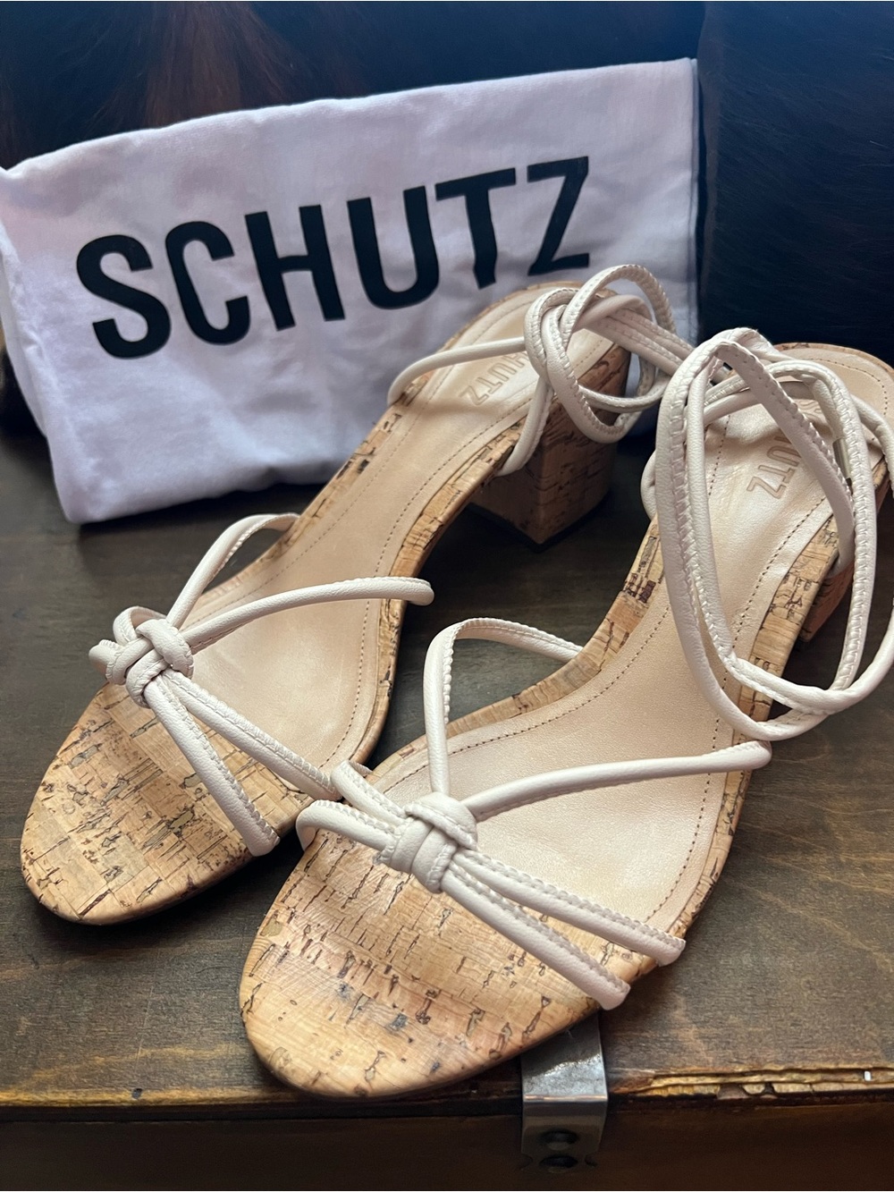 SCHUTZ Nude/Beige Cork Block Heel Sandals with Wrap Ties